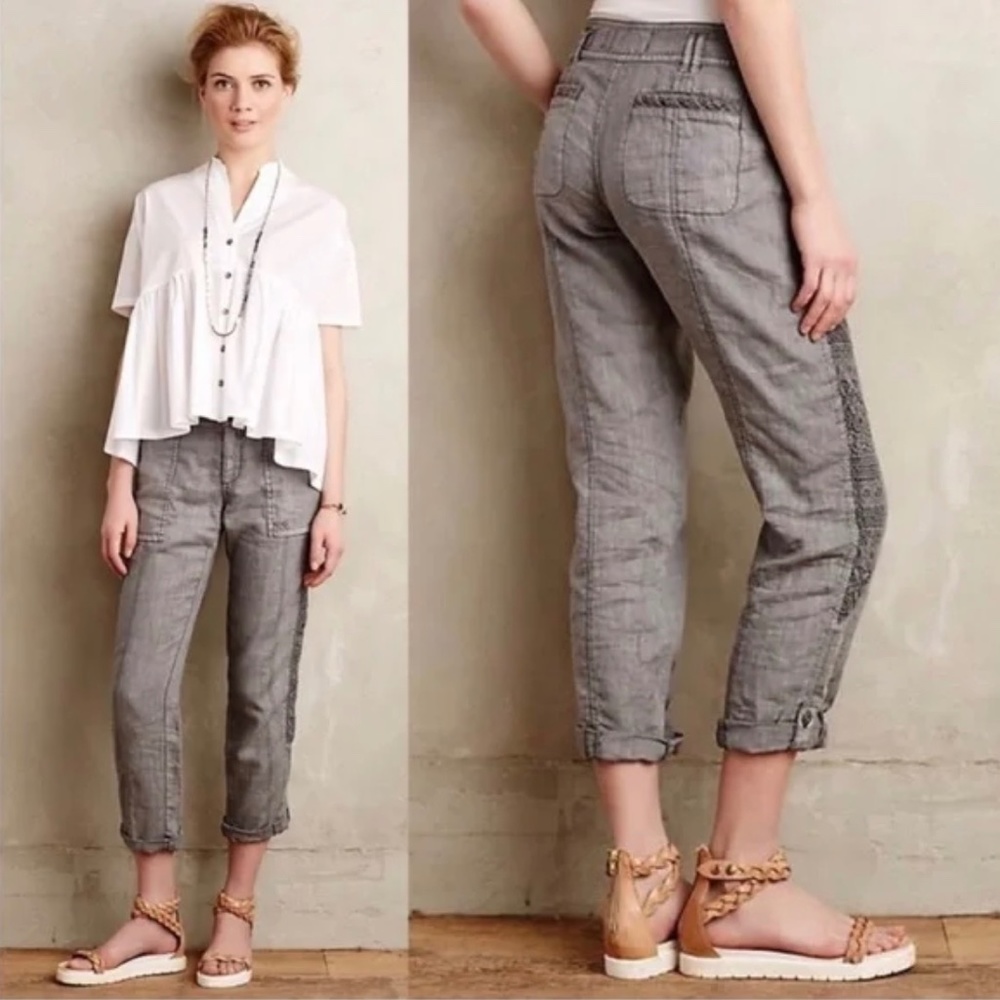 Linen Hei Hei {Anthro} Gray Embroidered NWT Low Rise Cargo Pant | 4 · Small · 25 - Picture 6 of 15